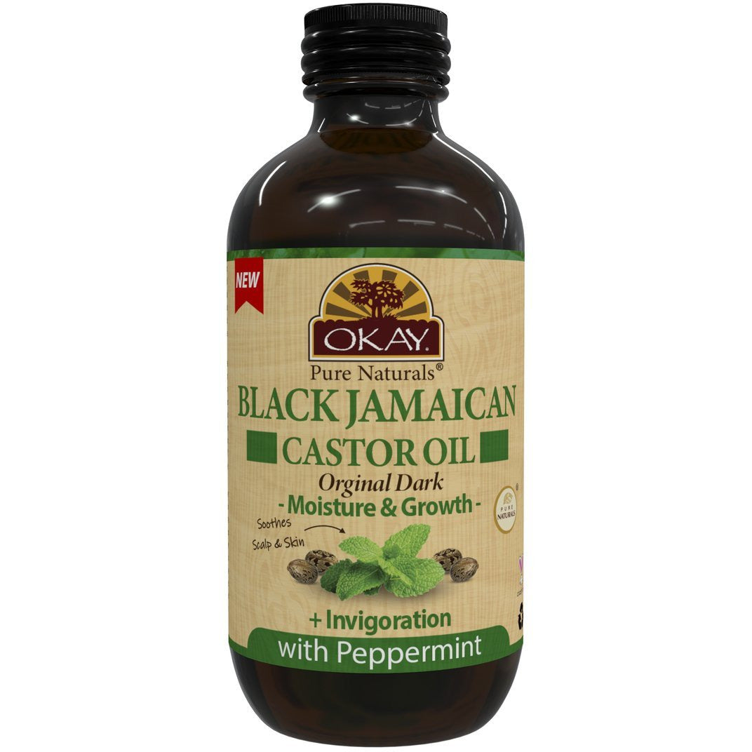 OKAY Pure Naturals Black Jamaican Castor Oil – Peppermint (4 oz Glass Bottle)