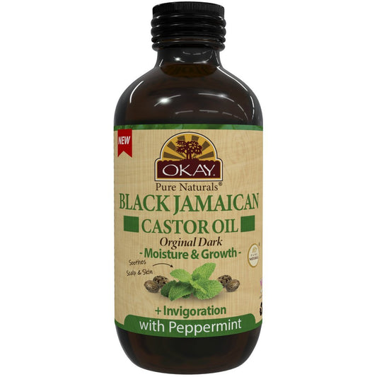 OKAY Pure Naturals Black Jamaican Castor Oil – Peppermint (4 oz Glass Bottle)